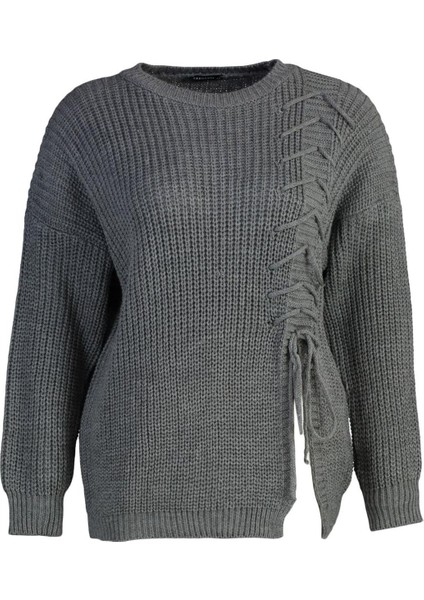 Kadın Büyük Beden Moda Uzun Bisiklet Yaka Uzun Kol Düz Antrasit Çarpraz Bağcık Detaylı Triko Kazak