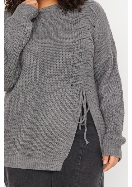 Kadın Büyük Beden Moda Uzun Bisiklet Yaka Uzun Kol Düz Antrasit Çarpraz Bağcık Detaylı Triko Kazak fiyatları