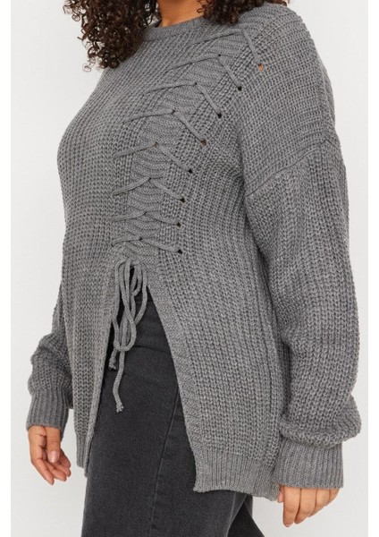 Kadın Büyük Beden Moda Uzun Bisiklet Yaka Uzun Kol Düz Antrasit Çarpraz Bağcık Detaylı Triko Kazak modelleri