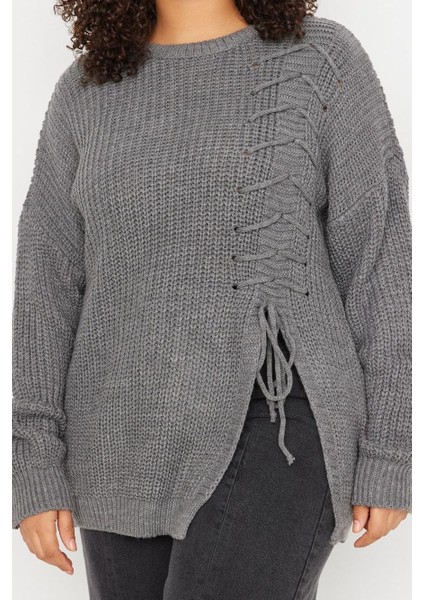 Kadın Büyük Beden Moda Uzun Bisiklet Yaka Uzun Kol Düz Antrasit Çarpraz Bağcık Detaylı Triko Kazak fırsatları