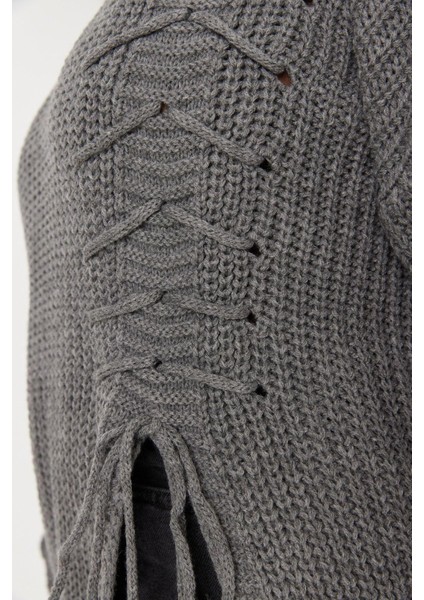 Kadın Büyük Beden Moda Uzun Bisiklet Yaka Uzun Kol Düz Antrasit Çarpraz Bağcık Detaylı Triko Kazak indirimleri