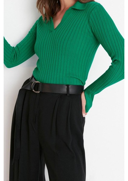 Kadın Moda Şık Regular Polo Yaka Uzun Kol Düz Couple Kol Ucu Detaylı Polo Yaka Triko Kazak modelleri