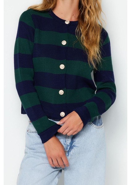 Kadın Moda Şık Regular Bisiklet Yaka Uzun Kol Çizgili Basic Ceket Görünümlü Triko Hırka
