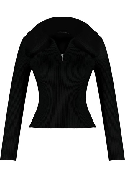 Kadın Moda Şık Regular Polo Yaka Uzun Kol Düz Polo Yaka Suni Kürk Detaylı Triko Kazak