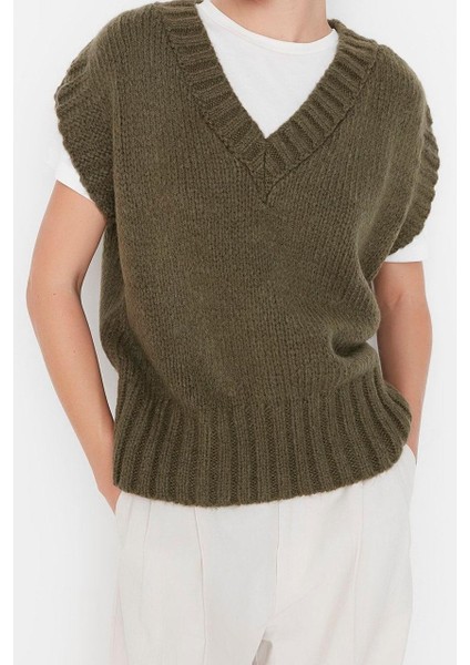 Kadın Moda Şık Crop V Yaka Kolsuz Düz Crop Yumuşak Dokulu Triko Süveter