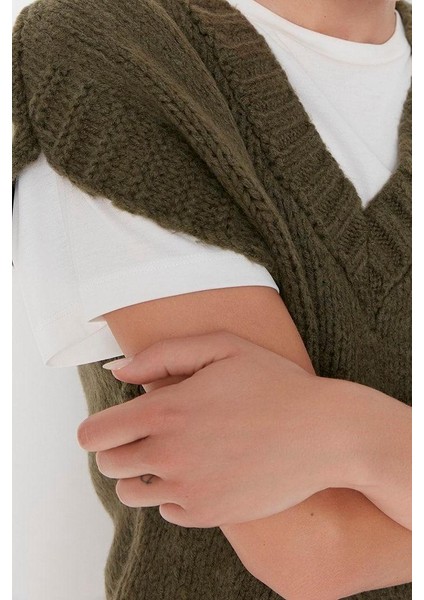 Kadın Moda Şık Crop V Yaka Kolsuz Düz Crop Yumuşak Dokulu Triko Süveter