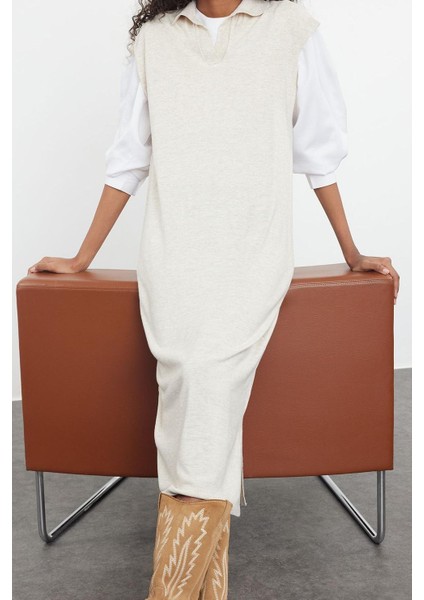 Kadın Tesettür Moda Şık Uzun Polo Yaka Uzun Kol Düz Uzun Triko Süveter Elbise modelleri