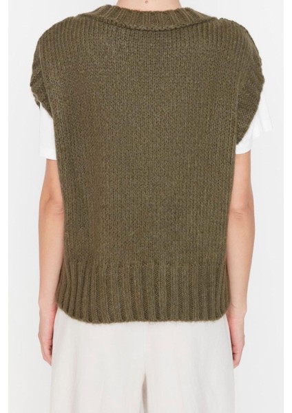 Kadın Moda Şık Crop V Yaka Kolsuz Düz Crop Yumuşak Dokulu Triko Süveter