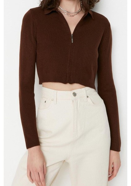 Kadın Moda Şık Crop Polo Yaka Uzun Kol Düz Crop Fermuarlı Triko Hırka modelleri