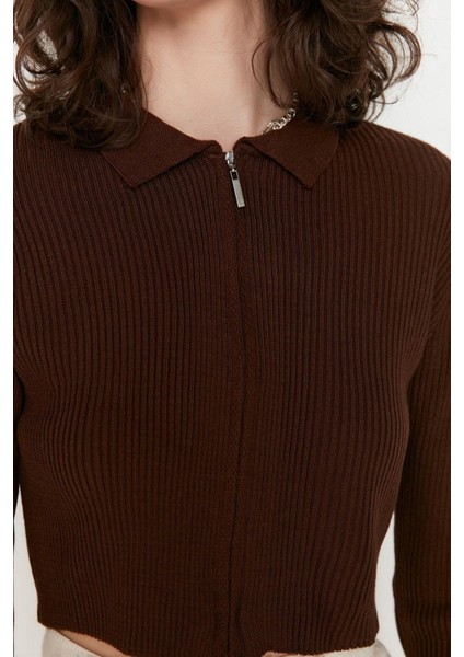 Kadın Moda Şık Crop Polo Yaka Uzun Kol Düz Crop Fermuarlı Triko Hırka indirimleri
