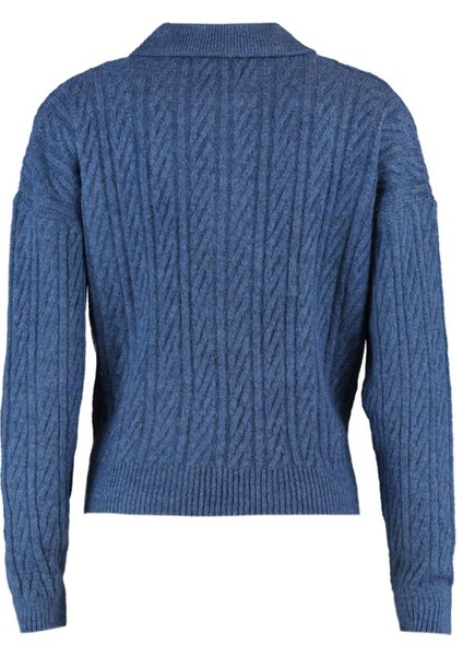 Kadın Moda Şık Regular Polo Yaka Uzun Kol Saç Örgü Geniş Kalıp Yumuşak Dokulu Triko Kazak