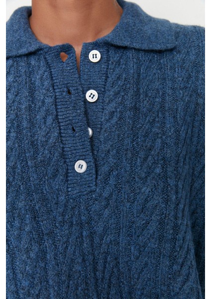 Kadın Moda Şık Regular Polo Yaka Uzun Kol Saç Örgü Geniş Kalıp Yumuşak Dokulu Triko Kazak