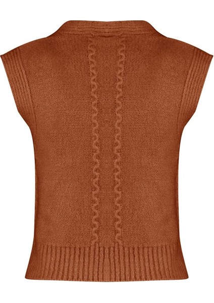 Kadın Moda Şık Crop V Yaka Kolsuz Saç Örgü Yumuşak Dokulu Triko Yelek