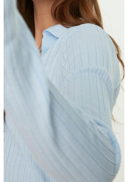 Kadın Moda Şık Regular Polo Yaka Uzun Kol Düz Couple Kol Ucu Detaylı Polo Yaka Triko Kazak modelleri