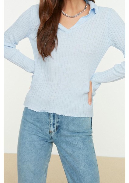 Kadın Moda Şık Regular Polo Yaka Uzun Kol Düz Couple Kol Ucu Detaylı Polo Yaka Triko Kazak fırsatları