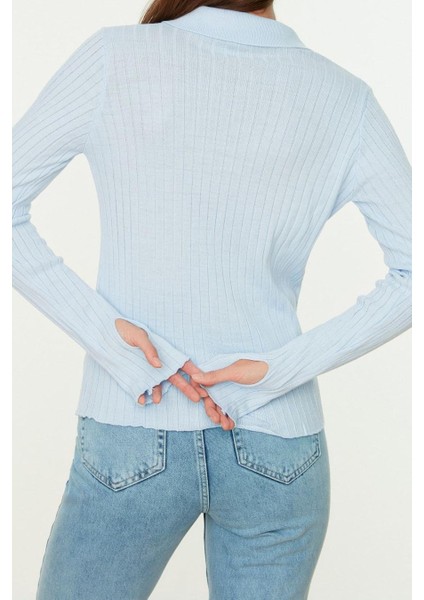 Kadın Moda Şık Regular Polo Yaka Uzun Kol Düz Couple Kol Ucu Detaylı Polo Yaka Triko Kazak indirimleri