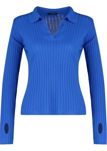 Kadın Moda Şık Regular Polo Yaka Uzun Kol Düz Couple Kol Ucu Detaylı Polo Yaka Triko Kazak