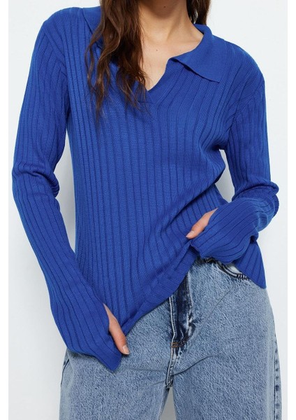 Kadın Moda Şık Regular Polo Yaka Uzun Kol Düz Couple Kol Ucu Detaylı Polo Yaka Triko Kazak modelleri