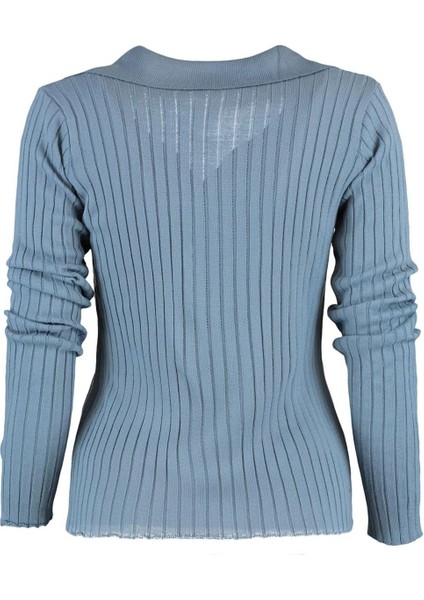 Kadın Moda Şık Regular Polo Yaka Uzun Kol Düz Couple Kol Ucu Detaylı Polo Yaka Triko Kazak