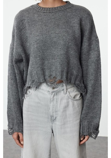 Kadın Moda Şık Crop Bisiklet Yaka Uzun Kol Düz Crop Süper Geniş Kalıp Yumuşak Dokulu Triko Kazak