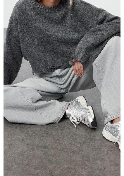 Kadın Moda Şık Crop Bisiklet Yaka Uzun Kol Düz Crop Süper Geniş Kalıp Yumuşak Dokulu Triko Kazak