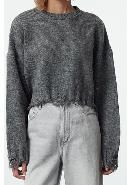 Kadın Moda Şık Crop Bisiklet Yaka Uzun Kol Düz Crop Süper Geniş Kalıp Yumuşak Dokulu Triko Kazak