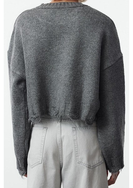 Kadın Moda Şık Crop Bisiklet Yaka Uzun Kol Düz Crop Süper Geniş Kalıp Yumuşak Dokulu Triko Kazak