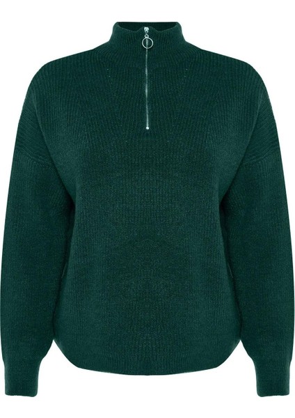 Kadın Büyük Beden Moda Şık Regular Fermuarlı Yaka Uzun Kol Düz Fermuar Kapama Triko Kazak