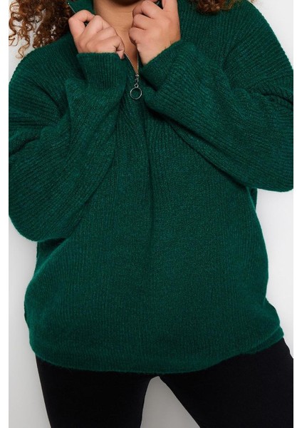 Kadın Büyük Beden Moda Şık Regular Fermuarlı Yaka Uzun Kol Düz Fermuar Kapama Triko Kazak fiyatları