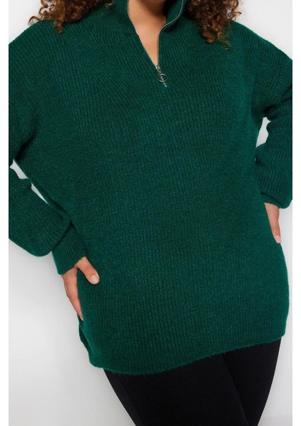 Kadın Büyük Beden Moda Şık Regular Fermuarlı Yaka Uzun Kol Düz Fermuar Kapama Triko Kazak modelleri