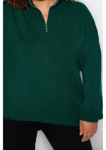 Kadın Büyük Beden Moda Şık Regular Fermuarlı Yaka Uzun Kol Düz Fermuar Kapama Triko Kazak fırsatları