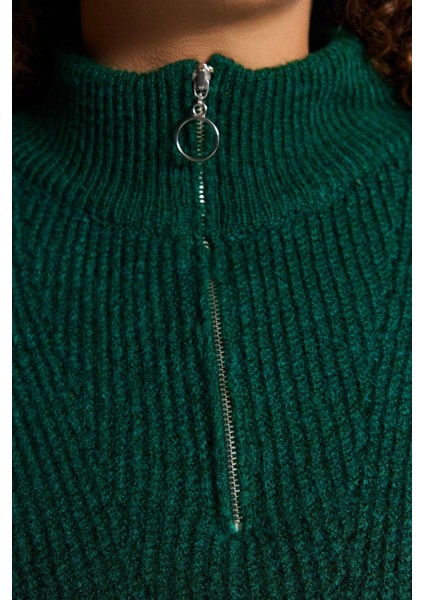 Kadın Büyük Beden Moda Şık Regular Fermuarlı Yaka Uzun Kol Düz Fermuar Kapama Triko Kazak indirimleri