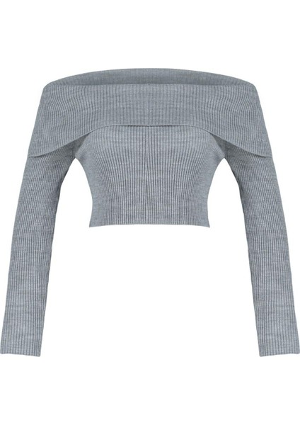 Kadın Moda Şık Crop Carmen Yaka Uzun Kol Düz Süper Crop Carmen Yaka Triko Kazak