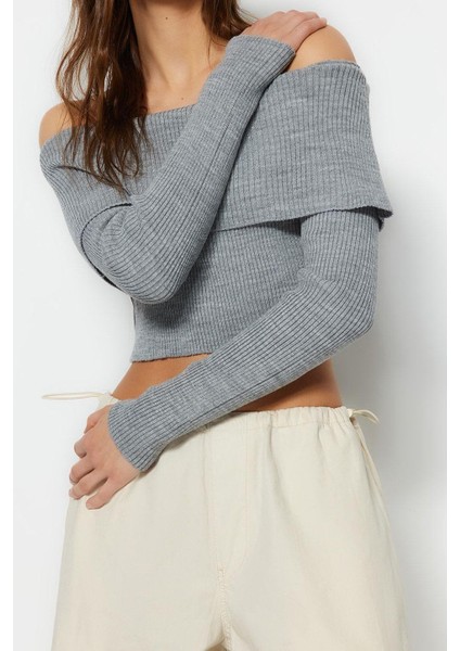 Kadın Moda Şık Crop Carmen Yaka Uzun Kol Düz Süper Crop Carmen Yaka Triko Kazak fırsatları