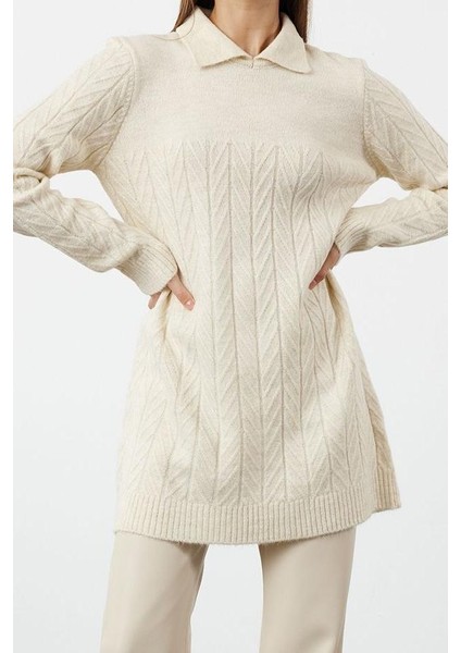 Kadın Tesettür Moda Regular Polo Yaka Uzun Kol Saç Örgü Yumuşak Dokulu Triko Zikzak Desenli Kazak