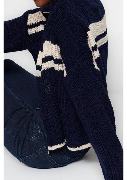 Kadın Moda Şık Regular Dik Yaka Uzun Kol Renk Bloklu Crop Dik Yaka Triko Hırka modelleri
