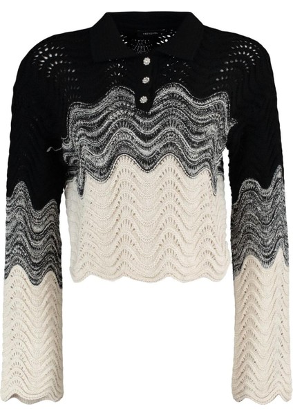 Kadın Moda Şık Crop Polo Yaka Uzun Kol Renk Bloklu Crop Mücevher Düğmeli Triko Kazak