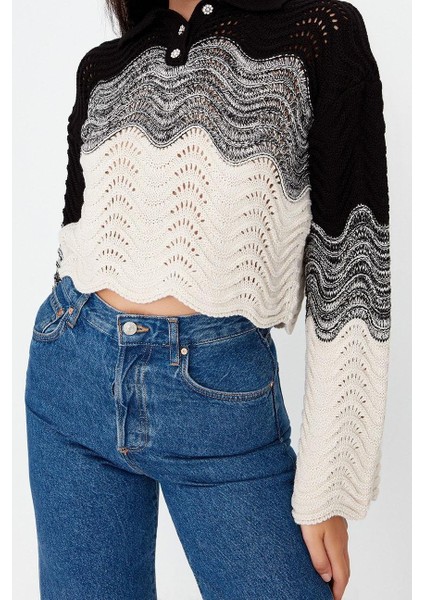 Kadın Moda Şık Crop Polo Yaka Uzun Kol Renk Bloklu Crop Mücevher Düğmeli Triko Kazak fiyatları