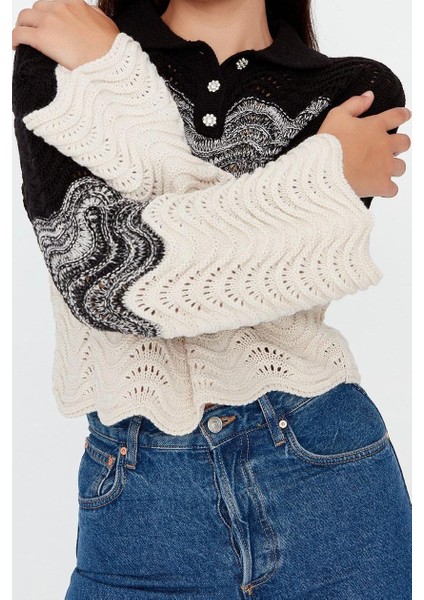 Kadın Moda Şık Crop Polo Yaka Uzun Kol Renk Bloklu Crop Mücevher Düğmeli Triko Kazak modelleri
