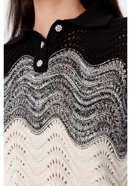 Kadın Moda Şık Crop Polo Yaka Uzun Kol Renk Bloklu Crop Mücevher Düğmeli Triko Kazak indirimleri