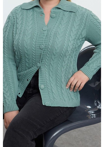 Kadın Büyük Beden Moda Şık Crop Polo Yaka Uzun Kol Saç Örgü Triko Hırka modelleri