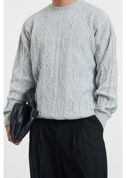 Erkek Moda Şık Regular Bisiklet Yaka Uzun Kol Saç Örgü Oversize Triko Kazak fiyatları