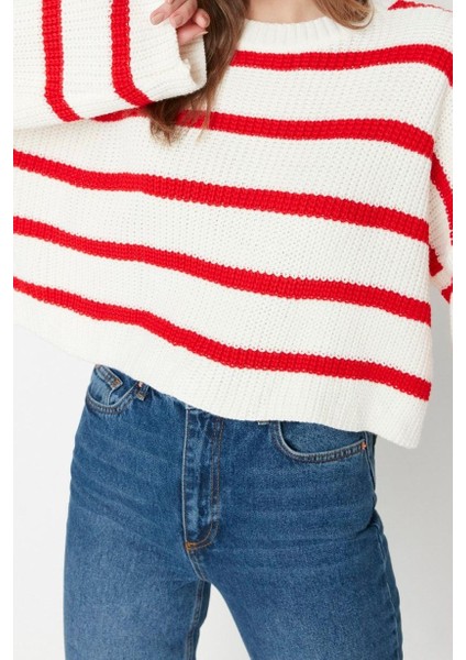 Kadın Moda Şık Crop Bisiklet Yaka Uzun Kol Çizgili Crop Basic Triko Kazak