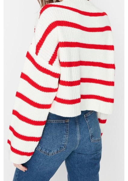 Kadın Moda Şık Crop Bisiklet Yaka Uzun Kol Çizgili Crop Basic Triko Kazak