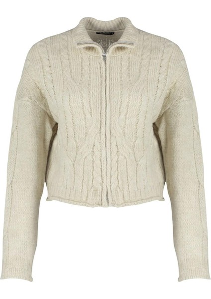 Kadın Moda Şık Crop Dik Yaka Uzun Kol Saç Örgü Crop Yumuşak Dokulu Fermuarlı Lü Triko Hırka