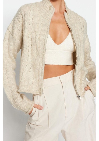 Kadın Moda Şık Crop Dik Yaka Uzun Kol Saç Örgü Crop Yumuşak Dokulu Fermuarlı Lü Triko Hırka