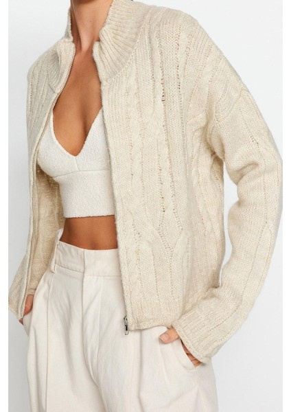 Kadın Moda Şık Crop Dik Yaka Uzun Kol Saç Örgü Crop Yumuşak Dokulu Fermuarlı Lü Triko Hırka
