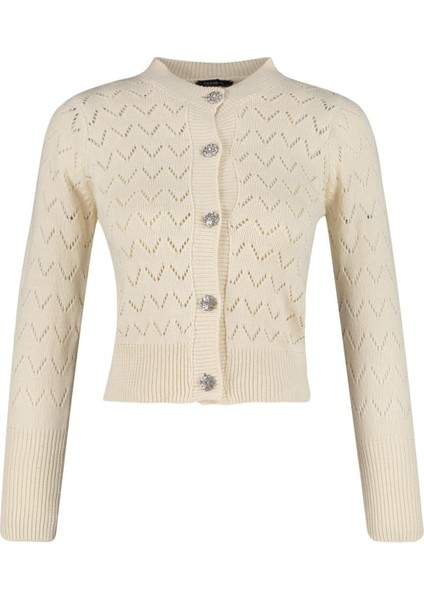 Kadın Moda Şık Regular Bisiklet Yaka Uzun Kol Ajurlu Düğme Detaylı Delikli Bluz-Hırka Takım