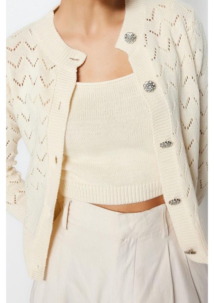 Kadın Moda Şık Regular Bisiklet Yaka Uzun Kol Ajurlu Düğme Detaylı Delikli Bluz-Hırka Takım fiyatları