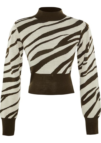 Kadın Moda Şık Crop Dik Yaka Uzun Kol Zebra Zebra Desenli Crop Triko Kazak